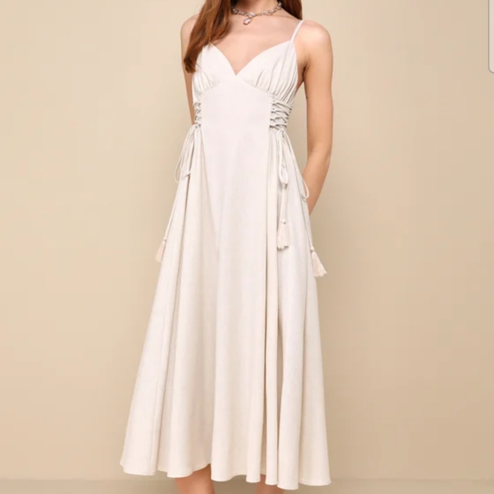 Lulu's Endlessly Breezy Beige Linen Smocked Lace-Up Midi Dress